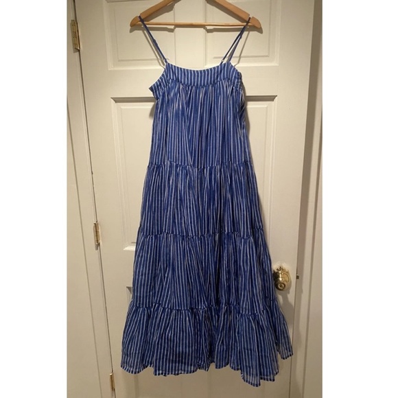 Mes Demoiselles Eva Paris Stripe Tiered Maxi Midi Dress in Blue & White - Picture 6 of 8